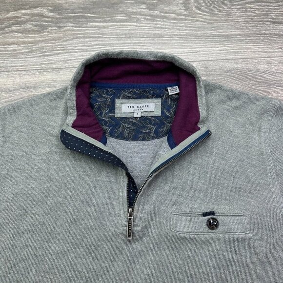 Ted Baker London 'Valerio' Quarter Zip Pullover Mens 4 Large Gray Sweater Preppy - Picture 3 of 13